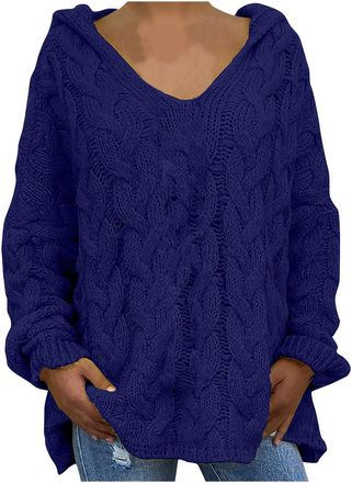 Generic V Neck Jumpers for Women UK, Plus Size Hooded Knitted Jumpers Oversized Hoodie Autumn Winter Warm Sweater Tops Casual Loose Pullover Cable Knit Tunic 