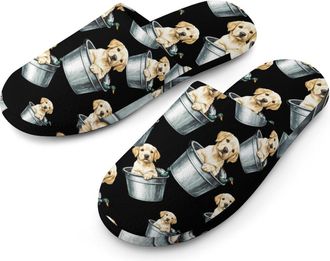 Generic Labrador Retriever Puppy Duck Flannel Mens Slip-on Slippers Winter Warm House Shoes with Rubber Sole for Home Hotel