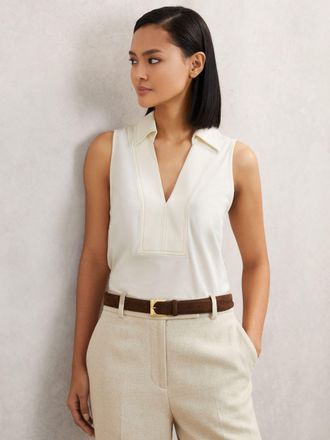 Reiss & neutral Cotton-blend Collared Sleeveless Top, XS