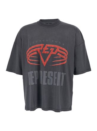 Represent Grey Crewneck T-Shirt With Maxi Logo Print On Front And Rear In Cotton Blend Man