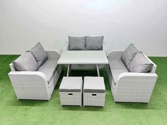 Fimous 8-seater Patio Rectangular Table Love Sofa Set with 2 Small Stools in Light Grey