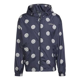 adidas Mens adidas originals Smiling Face Full Print Casual Hooded Track Jacket Deep Navy Blue HN0394