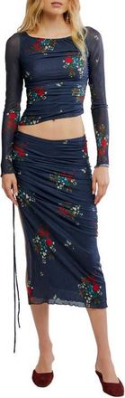 Free People Crimson Lights Floral Mesh Crop Top & Skirt Set in Navy Combo at Nordstrom, Size X-Large