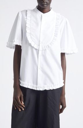 Comme Des Gar&ccedil;ons Ruffle Trim Cotton Broadcloth Button-Up Shirt in White at Nordstrom, Size Small
