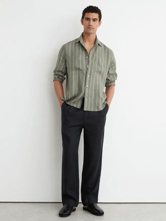 Reiss Green & white Linen Striped Regular-fit Shirt, Xxl