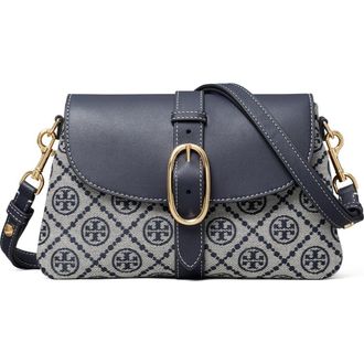 Tory Burch T Monogram Soft Jacquard & Leather Shoulder Bag in Tory Navy at Nordstrom