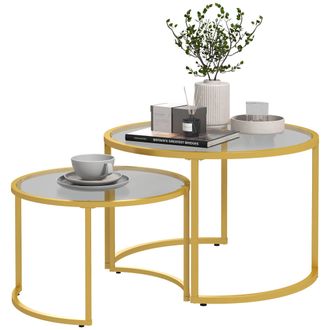 HOMCOM Modern Coffee Table Set of 2 - Nesting Tables with Glass Top - Gold | TJ Hughes
