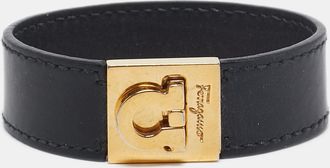 Ferragamo Gancini Black Leather Gold Tone Bracelet