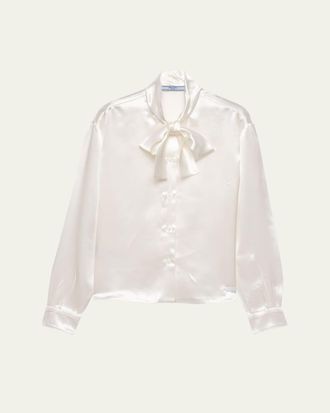 Prada Satin Bow-Neck Button-Down Blouse