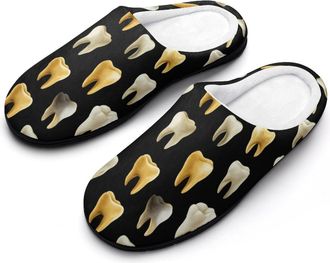 Generic Yellow Tooth Pattern Mens House Slippers Memory Foam Washable Cotton Slip on Home Shoes