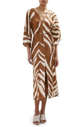 Mango Print Tie Waist Midi Dress in Brown at Nordstrom, Size 10