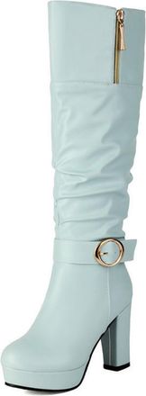Generic Womens PU Leather Slouch Long Boots with Side Zipper Round Toe Knee High Boots Chunky High Heel Platform Boot with Buckle,Blue,6.5 UK