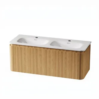 Royal Plaza Terra Badkamermeubelset - 120x46.2x46cm - solid surface wastafel wit mat - 2 wasbakken - 2 kraangaten - 2 lades - sandwood (licht eiken)