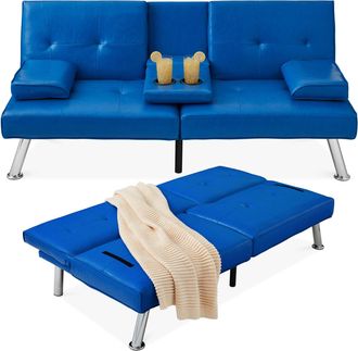 Best Choice Products Modern Faux Leather Convertible Futon Sofa w/ Removable Armrests, 2 Cupholders