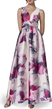 DKNY V-Neck Print Ballgown in Sangria Multi at Nordstrom, Size 12