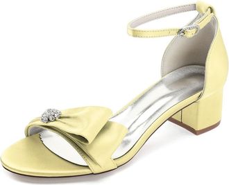 Generic Low Heel Bridal Shoes Wedding Low Heels Sandals Chunky Heels Pearl Ankle Strap Satin Prom Party Dress Pumps 4.5Cm,Yellow,10 UK
