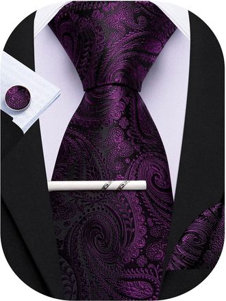 Barry.Wang Purple Tie with Tie Clip for Men Paisley Silk Necktie Pocket Square Cufflinks Set Formal Wedding Party Business