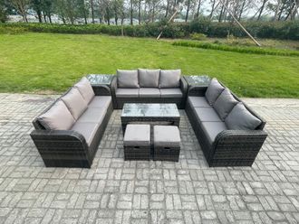 Fimous Rattan Garden Furniture Set 11 Seater Indoor Outdoor Patio Sofa Set with Coffee Table 2 Small Footstools 2 Side Tables Dark Grey Mixed