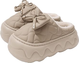 Generic Women Winter Warm Slip-On Cotton Slippers Thick Sole Fleece Lining Non-Slip Indoor/Outdoor House Shoes (Khaki, Shoe Size, Adult, Women, 6, Numeric Ran