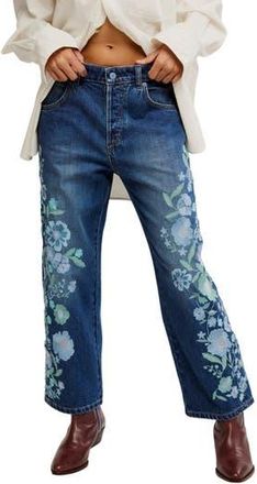 Free People Deep Trance Floral Embroidered Nonstretch Wide Leg Jeans in Forget Me Not at Nordstrom Rack, Size 29