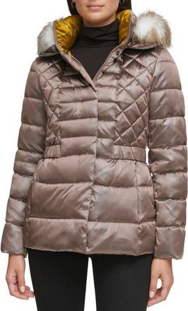 Kenneth Cole Core Mixed Puffer Jacket with Faux Fur Trim in Taupe at Nordstrom, Size X-Small