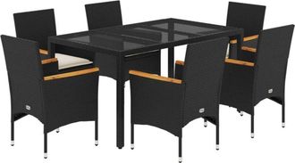 vidaXL Set Comedor Jard&iacute;n 7 Pzas Cojines Rat&aacute;n Sint&eacute;tico Vidrio Negro Vidaxl