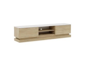 Vente-Unique Mueble TV 2 cajones y 2 huecos con LEDs en MDF - Natural claro y efecto m&aacute;rmol blanco - DEVIKA