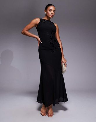 Ra-Re London - Vestito lungo nero accollato con cut-out e ricamo floreale