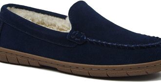 Lands End Fuzzy Lined Suede Moccasin Slippers in Radiant Navy at Nordstrom, Size 10