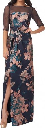 Kay Unger Catrina 3D Bow Floral Jacquard Gown In Classic Navy/apricot