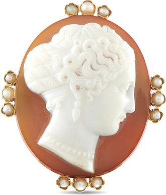 Luxury Bazaar 14K Rose Gold Hardstone Agate and Pearl Cameo Brooch MF02-082426