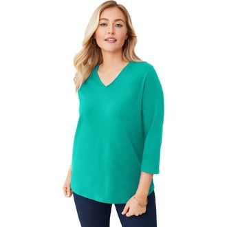 Jessica London Stretch Cotton V-Neck Tee in Aqua Sea at Nordstrom, Size 20