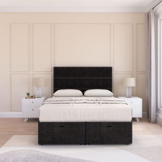 Sloomy Texas Plush Fabric Ottoman Bed End Opening With Sprung Memory Mattress & 26 Inch strut Headboard in Black | Size: Single