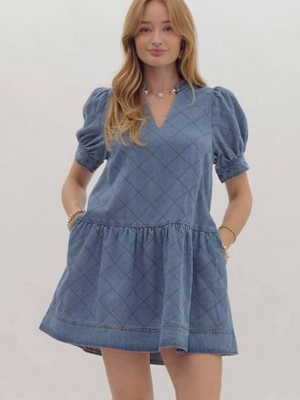 Entro Denim Quilted Look Mini Dress In Blue