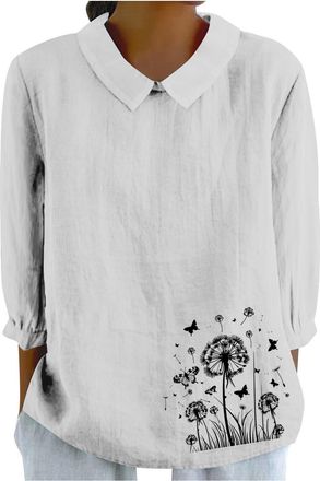 Generic Linen Shirts for Women UK Summer Lightweight 3/4 Sleeve Tshirts Cute Collared Tops Boho Casual Blouses White