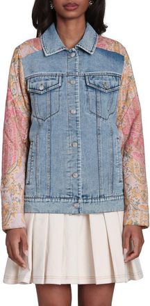 Avec Les Filles Mixed Media Denim Trucker Jacket in Light Blue/Orange Multicolor at Nordstrom Rack, Size X-Small