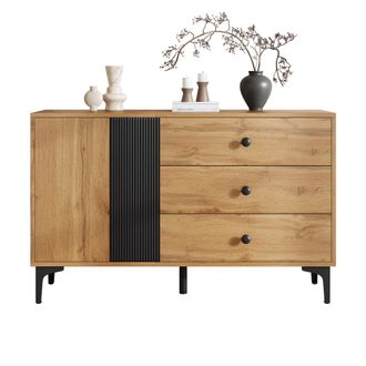 STILVORA Aparador Con 1 Puerta Y 3 Cajones, Patas De Metal, Estilo Moderno, En Tablero De Part&iacute;culas, Negro Y Natural, 120&times;35&times;76 Cm