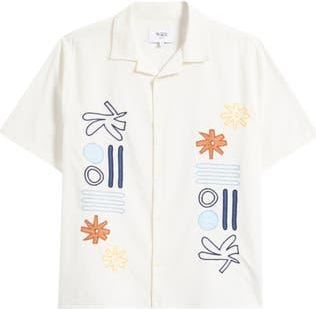 Wax London Didicot Embroidered Cotton & Linen Camp Shirt in Ecru /Multi at Nordstrom Rack, Size Xx-Large