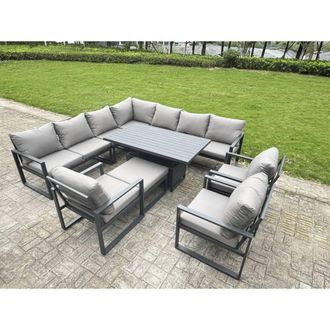 Fimous Aluminum 10 Piece 11-Seater Sofa Set with Rising Table & 3 Chair Stool in Dark Grey