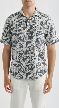 Tommy Bahama Nova Wave Nero Palms Short Sleeve Seersucker Button-Up Shirt in Black at Nordstrom, Size Xxx-Large