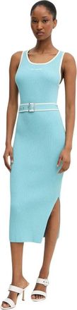 Karl Lagerfeld Kleedjes, Dames, Blauw, L, Leer, Logo-geborduurd Jurk