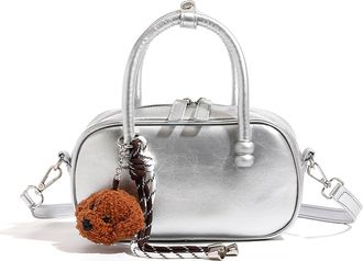 Generic Cymwer Women PU Leather Bowling Shoulder Bag with Zipper for School Work Travel(Silver) (Silver)