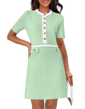 Merokeety Womens Knit Bodycon Sweater Dress Button Short Sleeve Crew Neck Elegant Formal Mini Dress, Mintgreen, XL