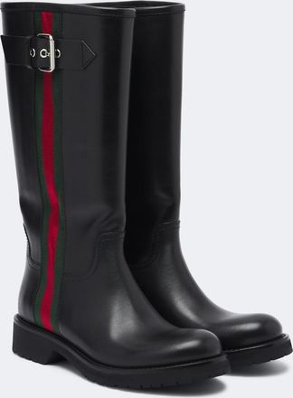 Gucci Web Stripe leather biker boots