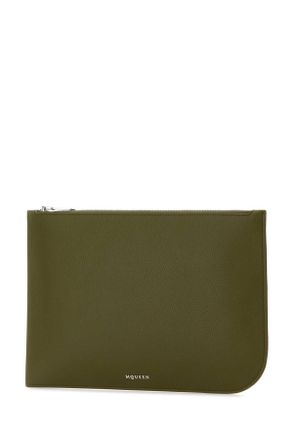 Alexander McQueen Mens Olive Green Leather Large Sling Pouch Militarysilver Beauty Case