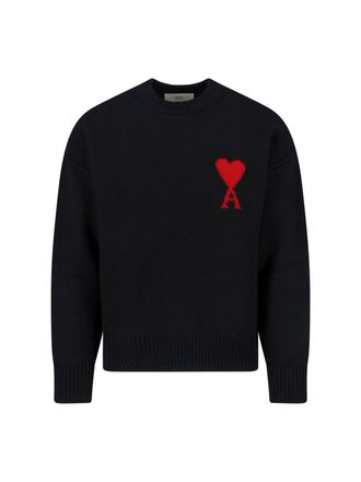 Ami Dropped Shoulder Black Wool Sweater With Contrast Logo