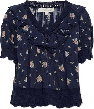 LoveShackFancy Romilly Floral Katoenen Blouse - Dames - Blouses - Blauw - XS - Katoen - Overhemden