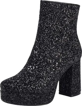 Generic Womens Sexy Ankle Boots Round Toe High Square Heel With Platform Side Zipper And Bling Sequined Upper Party Booties