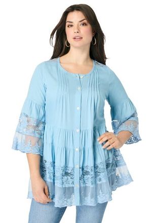Roaman's Lace Illusion Blouse in Soft Sky at Nordstrom, Size 30