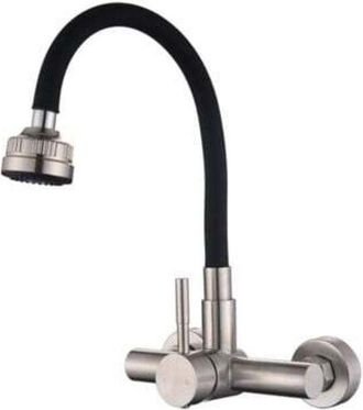 OEM Grifo De Cocina Mural De 360&deg; Con Cabezal Rociador Extra&iacute;ble De Cuatro Funciones, Manguera De Silicona Negra, Acero Inoxidable Cepillado